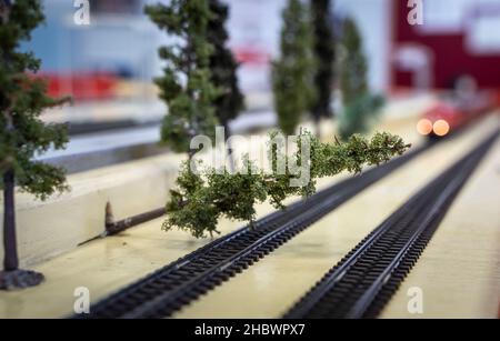 Darmstadt, Deutschland. 17th. November 2021. Auf der Modellanlage im Darmstädter Eisenbahnverkehrsfeld (EBD) können auch Bäume per Fernbedienung über die Schiene gelegt werden, um unerwartete Szenarien abbilden zu können. Die Simulationsanlage soll möglichst viele verschiedene Betriebssituationen auf der realen Bahn realistisch abbilden. (To dpa 'Training mit Spielzeuglokomotive - Modelleisenbahn hilft bei der Signalkastenarbeit') Quelle: Frank Rumpenhorst/dpa/Alamy Live News Stockfoto