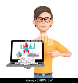 Cartoon Charakter Person Mann halten Laptop mit Business-Diagramme, Grafiken und Spielzeug-Rakete hebt sich spuckenden Rauch auf einem weißen Hintergrund. 3D Rendering Stockfoto