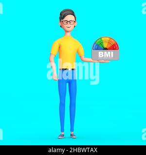 Cartoon Charakter Person Mann Halten BMI oder Body Mass Index Skala Meter Dial Gage Symbol auf einem blauen Hintergrund. 3D Rendering Stockfoto