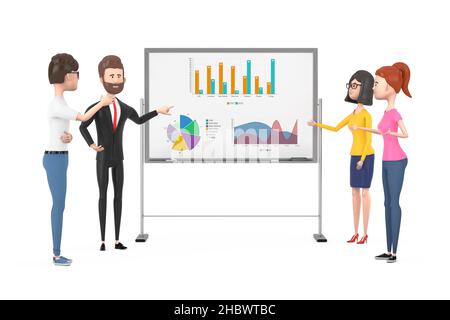 Geschäftsteam Cartoon Charaktere Treffen und Gespräch vor dem Büro Whiteboard mit Diagrammen und Diagrammen auf weißem Hintergrund. 3D Rendering Stockfoto