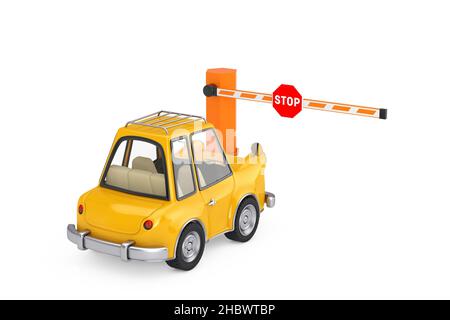 Geschlossene Straßenautobarriere und Stoppschild mit gelbem Cartoon-Auto auf weißem Hintergrund. 3D Rendering Stockfoto