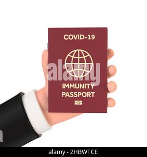 Cartoon Hand hält Red Travel Health Immune Passport mit Gold Yellow Sign und biometrischem Symbol auf weißem Hintergrund. 3D Rendering Stockfoto