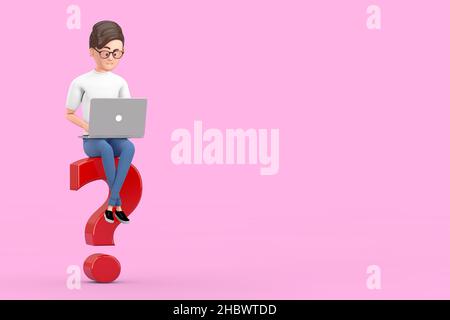 Cartoon Charakter Person Geschäftsmann mit Laptop über Red Question Mark auf einem rosa Hintergrund arbeiten. 3D Rendering Stockfoto