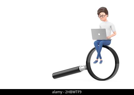 Cartoon Charakter Person Geschäftsmann mit Laptop arbeiten über Lupe Glas auf weißem Hintergrund. 3D Rendering Stockfoto