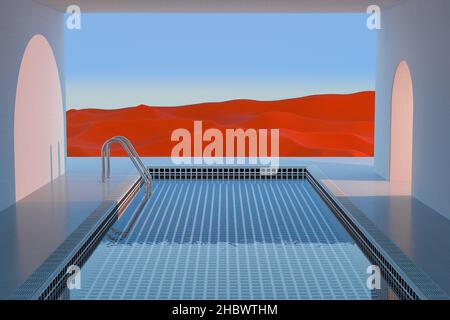 Minimalistisches leeres weißes Zimmer mit einem Wasserschwimmbad und einer abstrakten, surrealen Umgebung in der Roten Wüste auf blauem Himmel. 3D Rendering Stockfoto