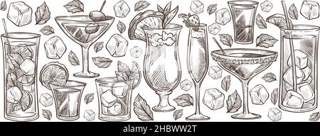 Alkoholische Getränke und Cocktails, Bar oder Pub, Restaurant oder Café mit Getränken. Serviert Gläser mit Eis und Tonic, Erdbeere und Minzblättern. Tasty i Stock Vektor