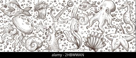 Flora und Fauna von Meer und Ozean, Korallen und Algen, Tintenfisch und Fische, Jakobsmuscheln und Muscheln. Meeresbewohner, Aquarien oder Unterwasserwelt. Monochr Stock Vektor