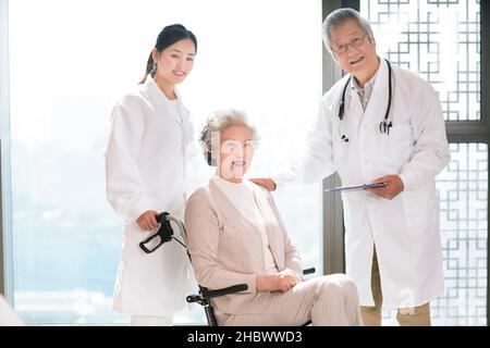 Arzt im Gespräch mit einer älteren Frau in einem Rollstuhl Stockfoto