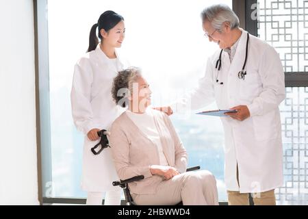 Arzt im Gespräch mit einer älteren Frau in einem Rollstuhl Stockfoto