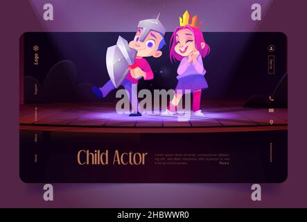 Kinder Schauspieler auf der Theaterbühne in der Schule oder im Kindergarten, Kinder spielen Rollen von Ritter und Prinzessin auf Theaterszene beleuchtet mit Scheinwerfern, Junge und Mädchen performend, Cartoon Vektor Illustration Stock Vektor
