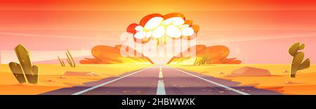 Atombombenexplosion in der Wüste. Konzept von Atomkrieg, Atombombe. Vektor-Cartoon-Illustration von Sand Wüste Landschaft mit Straße, Kakteen und Pilz Wolke von nuklearen explodieren mit Feuer und Rauch Stock Vektor
