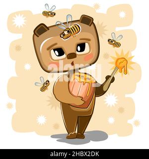 Cartoon Teddy Bear süßen Zahn mit Honig. Unter den Bienen. Naives Baby. Lustige Illustrationen für Kinder im flachen Stil zum Drucken. Das isolierte Objekt o Stock Vektor