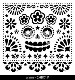 Mexikanische Volkskunst Vektor Volkskunst Design mit Zucker Schädel und Blumen, Halloween und Tag der Toten schwarz Muster auf weißem Hintergrund - Grußkarte Stock Vektor