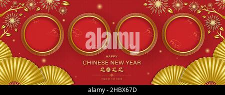 Orientalischer Stil chinesisches Neujahr 2022 Banner Hintergrund mit leeren Raum Kreise, bedeutet fremder Text Tiger Stock Vektor
