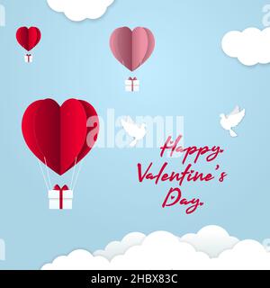Happy Valentine Day Banner, herzförmige Heißluftballons, Geschenkboxen mit Band und Schleife. Blauer Himmel Hintergrund, Wolken, paar weiße Tauben, Taube. Pap Stock Vektor