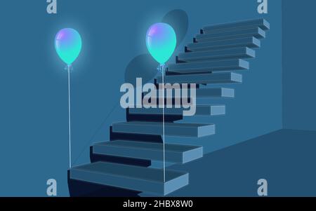 Dunkelblaue Treppe mit Luftballons, 3D Stufen. Blaue Wand Perspektive der Stufen. Stock Vektor