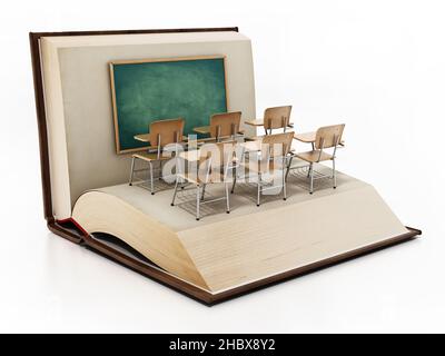 Sitze im Klassenzimmer und Tafel auf offenen Buchseiten. Bildungskonzept. 3D Abbildung. Stockfoto