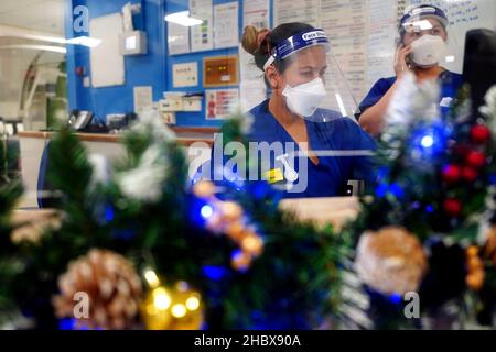 Krankenschwestern arbeiten an einem von Weihnachtsdekorationen umgebenen Schreibtisch auf einer Station für Covid-Patienten im King's College Hospital im Südosten Londons. Bilddatum: Dienstag, 21. Dezember 2021. Stockfoto