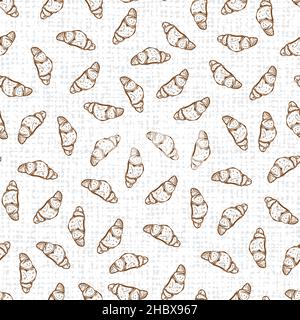 Vektor weiß Croissant Brot Doodle nahtlose Wiederholung Muster mit Leinwand Hintergrund. Geeignet für Textil, Café-Menü-Design und Tapeten. Stock Vektor