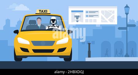 KI-Roboter, der ein Taxi auf der Straße der Stadt fährt, und Passagier, der auf dem Rücksitz des Autos sitzt Stock Vektor