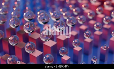 Bunte Hintergrunddarstellung der abstrakten Geometrie mit Würfeln und Kugeln. 3D Generiertes Rendering Stockfoto