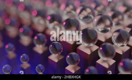 Bunte Hintergrunddarstellung der abstrakten Geometrie mit Würfeln und Kugeln. 3D Generiertes Rendering Stockfoto