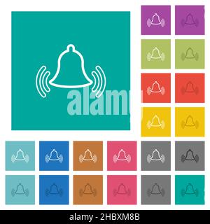 Klingeln Glocke umreißen mehrfarbige flache Symbole auf einfachen quadratischen Hintergründen. Weiße und dunklere Symbolvarianten für schwebe- oder aktive Effekte. Stock Vektor