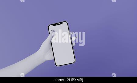 Frau verwenden das iPhone 13 pro mit weißem Bildschirm. 3D Rendern. Stockfoto