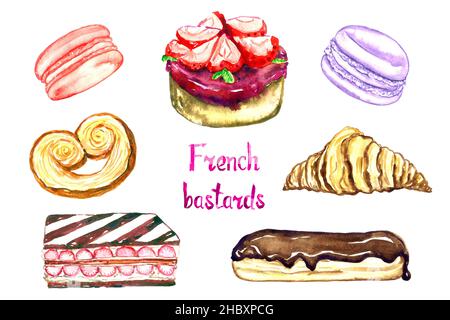 Sammlung französischer Bastarde, Macaron, palmier, Tartelette, Erdbeermillefeuille (Millefeuille fraise), Croissant, Eclair isoliertes Aquarell Stockfoto