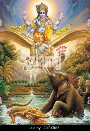 Der Hindu-Lord vishnu rettet den Elefanten, der Gajendramoksha darstellt Stockfoto