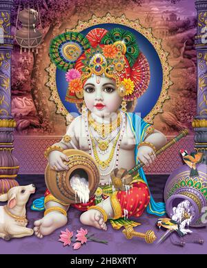 Lord Bal Krishna mit farbenfroher Hintergrundtapete, God Bal Krishna Poster Design für Tapeten Stockfoto