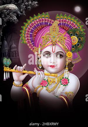 Lord Bal Krishna mit farbenfroher Hintergrundtapete, God Bal Krishna Poster Design für Tapeten Stockfoto