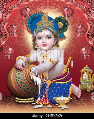 Lord Bal Krishna mit farbenfroher Hintergrundtapete, God Bal Krishna Poster Design für Tapeten Stockfoto