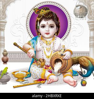 Lord Bal Krishna mit farbenfroher Hintergrundtapete, God Bal Krishna Poster Design für Tapeten Stockfoto