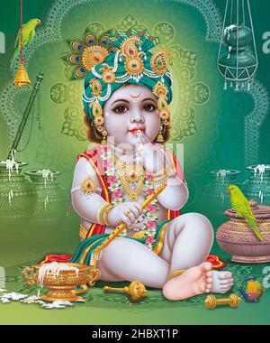 Lord Bal Krishna mit farbenfroher Hintergrundtapete, God Bal Krishna Poster Design für Tapeten Stockfoto