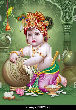 Lord Bal Krishna mit farbenfroher Hintergrundtapete, God Bal Krishna Poster Design für Tapeten Stockfoto