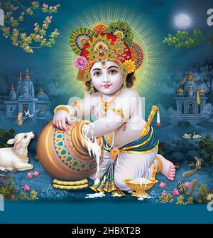 Lord Bal Krishna mit farbenfroher Hintergrundtapete, God Bal Krishna Poster Design für Tapeten Stockfoto