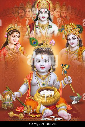 Lord Bal Krishna mit farbenfroher Hintergrundtapete, God Bal Krishna Poster Design für Tapeten Stockfoto