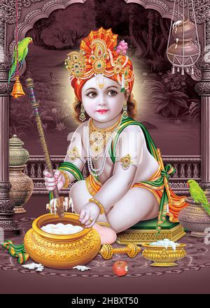 Lord Bal Krishna mit farbenfroher Hintergrundtapete, God Bal Krishna Poster Design für Tapeten Stockfoto