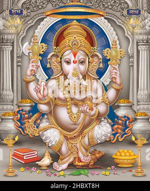 Lord Ganesha mit bunten Hintergrundtapete, God Ganesha Poster Design für Tapete Stockfoto