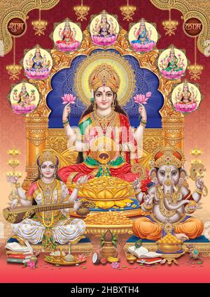 Lord Laxmi, Lord Ganesha, Lord Naraswati mit farbenfroher Hintergrundtapete, Diwali Pooja Poster Design für Tapeten Stockfoto