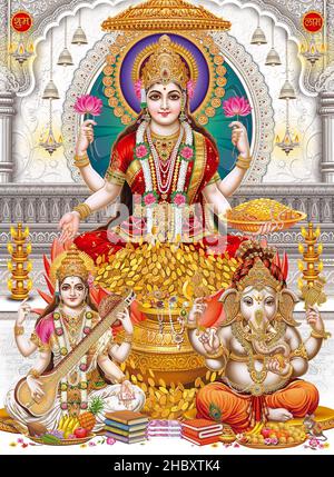 Lord Laxmi, Lord Ganesha, Lord Naraswati mit farbenfroher Hintergrundtapete, Diwali Pooja Poster Design für Tapeten Stockfoto