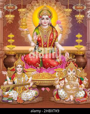 Lord Laxmi, Lord Ganesha, Lord Naraswati mit farbenfroher Hintergrundtapete, Diwali Pooja Poster Design für Tapeten Stockfoto