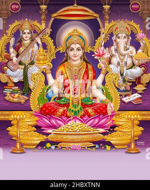 Lord Laxmi, Lord Ganesha, Lord Naraswati mit farbenfroher Hintergrundtapete, Diwali Pooja Poster Design für Tapeten Stockfoto