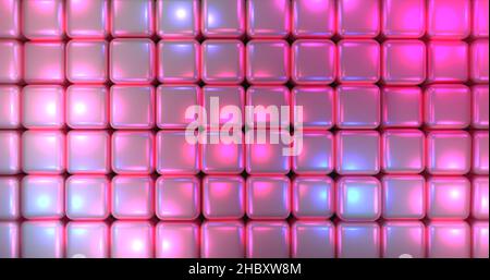 Breitbild-cg-Render 3D Hintergrund von metallischen Blasenblock Wand reflektieren rosa und blaue Lichter Stockfoto