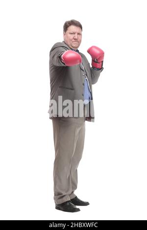 In vollem Wachstum. Serious Business man in Boxhandschuhe. Stockfoto