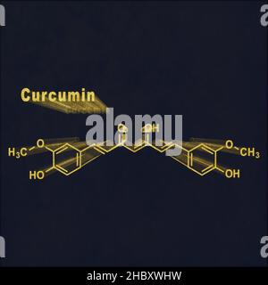 Kurkumin Kurkuma Gewürz, strukturelle chemische Formel Gold auf dunklem Hintergrund Stockfoto