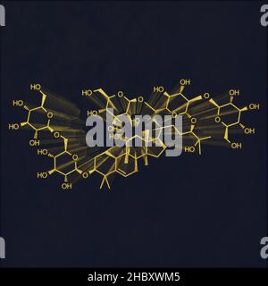 Mogrosid strukturelle chemische Formel Gold auf dunklem Hintergrund (Mönchfrucht Süßstoff) Stockfoto