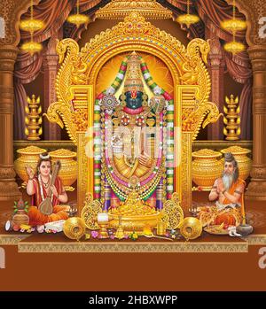 Lord Tirupati Balaji mit farbenfroher Hintergrundtapete, God Tirupati Balaji Poster Design, Bhagwan Vishnu Stockfoto