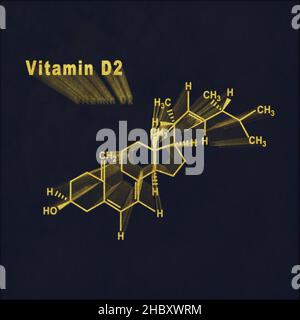 Vitamin D2, strukturelle chemische Formel Gold auf dunklem Hintergrund Stockfoto